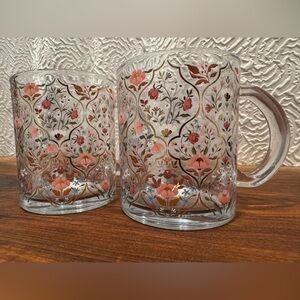 Clementine Paper Floral Glass Coffee Mug Set of 2 Pink & Gold Botanical Pattern